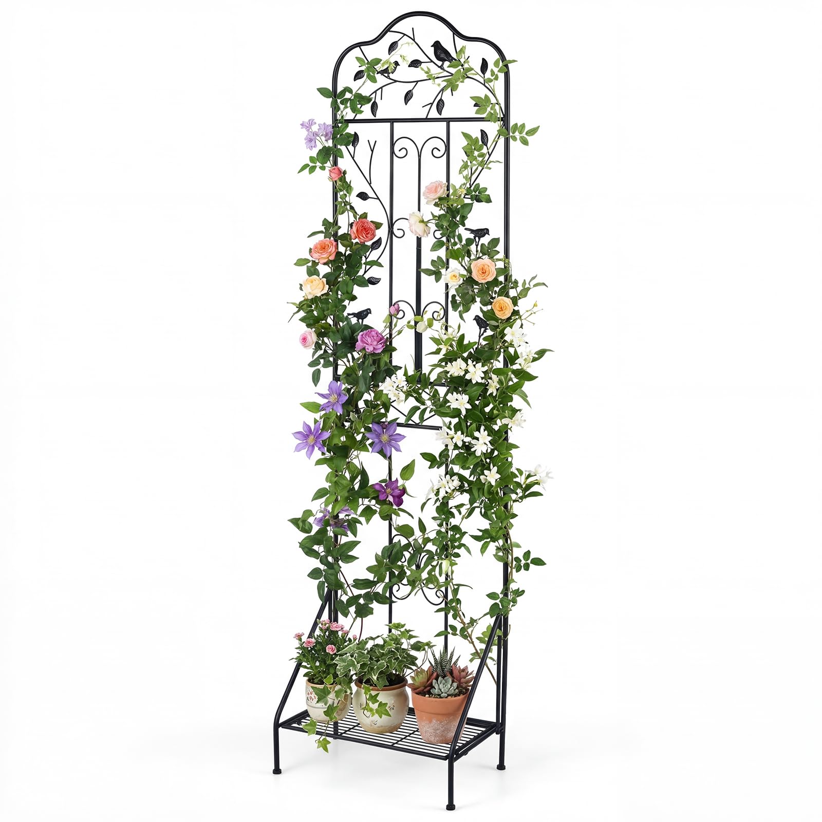 HOMASIS Traliccio per Rampicanti da Esterno con Ripiano Pieghevole, Grigliato per Recinzione in Metallo Antiruggine, Graticcio Decorativo per Piante Clematide Rose, 50 x 190 cm (2 pezzi, Nero)