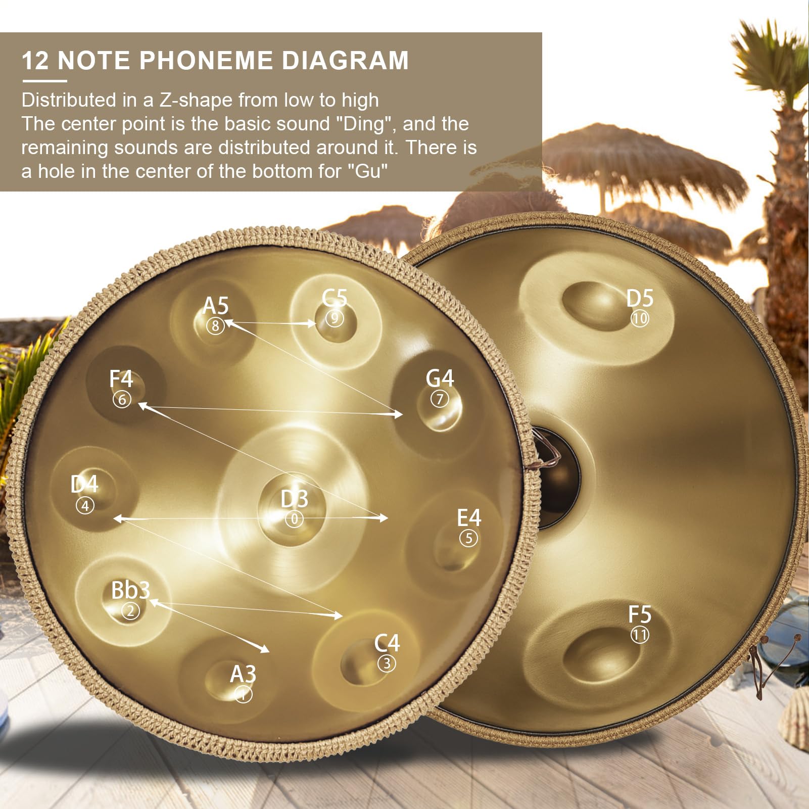 12 Töne Handpan Instrument, 22 Zoll Gold Hand Pan Drum Steel Tongue Drum Zungentrommel für Yoga, Meditation mit Handtaschen Trommelstöcken, Trommelständer, Lappen (440HZ)