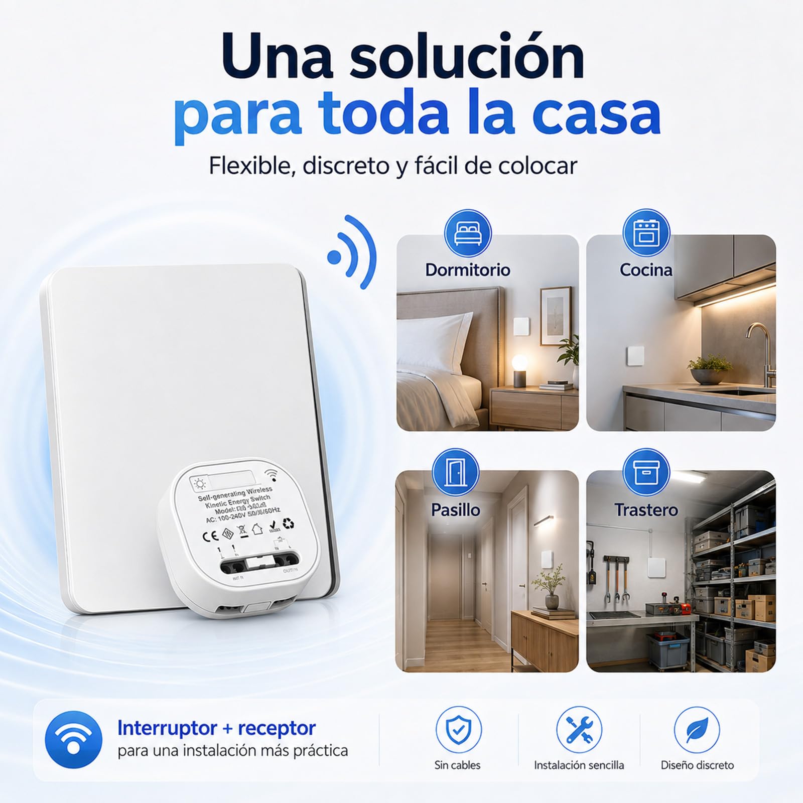 Interruptor inalámbrico Kinelux, kit con receptor sin pilas (Blanco, 2 teclas)