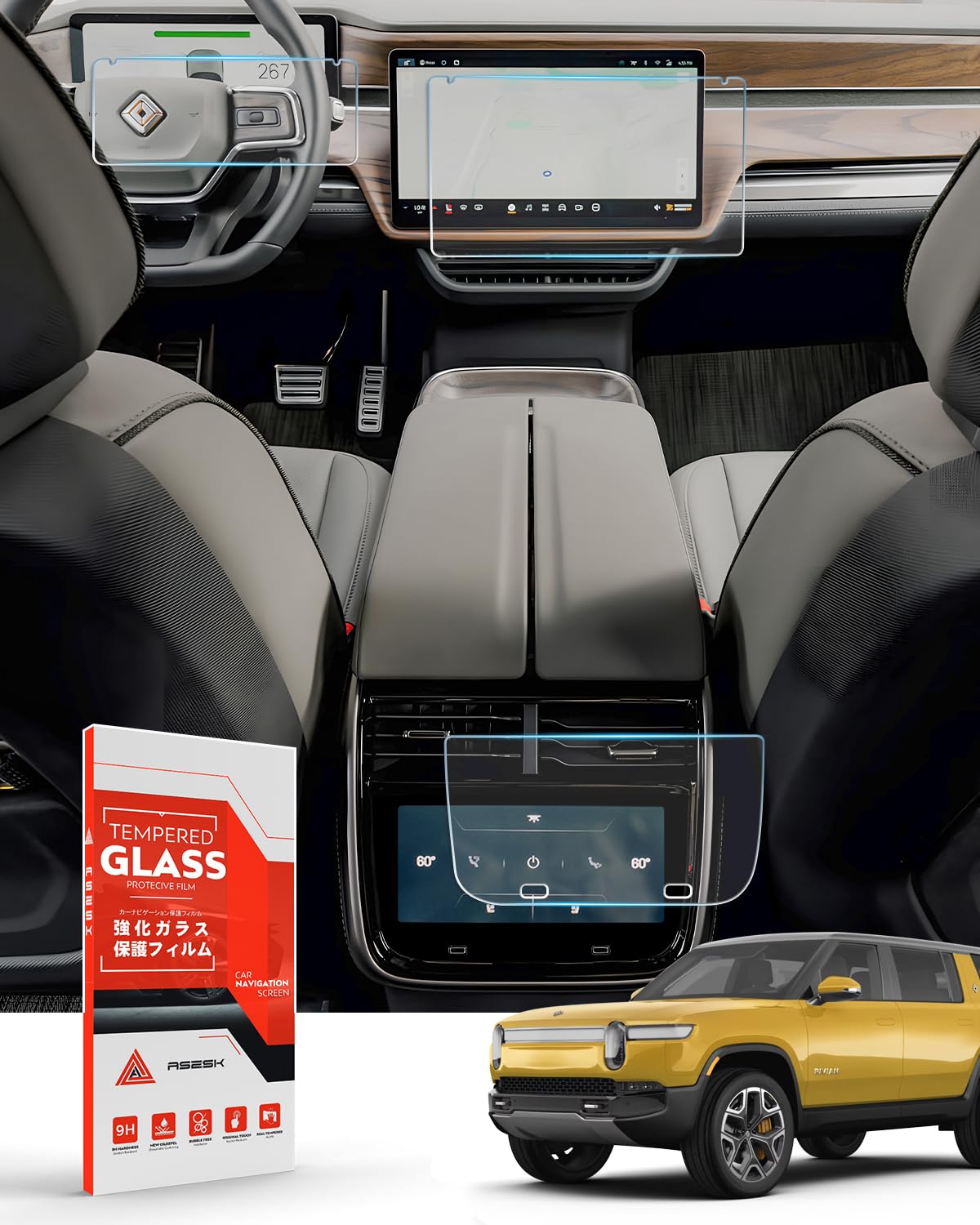 ASZSK 3 Pack Matte Tempered Glass Screen Protector For Rivian,Protective Film Compatible With Infotainment Screen & Instrument Cluster Screen & Rear Screen,Anti-Scratch R1T & R1S Accessories