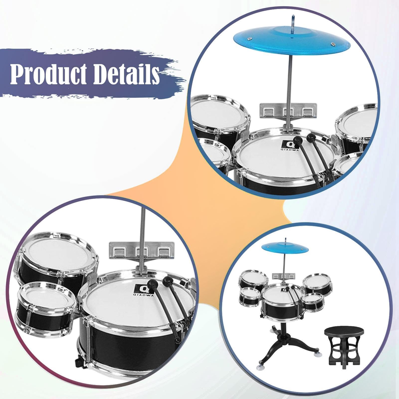Kids Drum Set Batteria Didattica Bambini Percussioni Giocattolo Strumento Musicale Materiale Sicuro Adatto a Regalo Casa Scuola, Nero