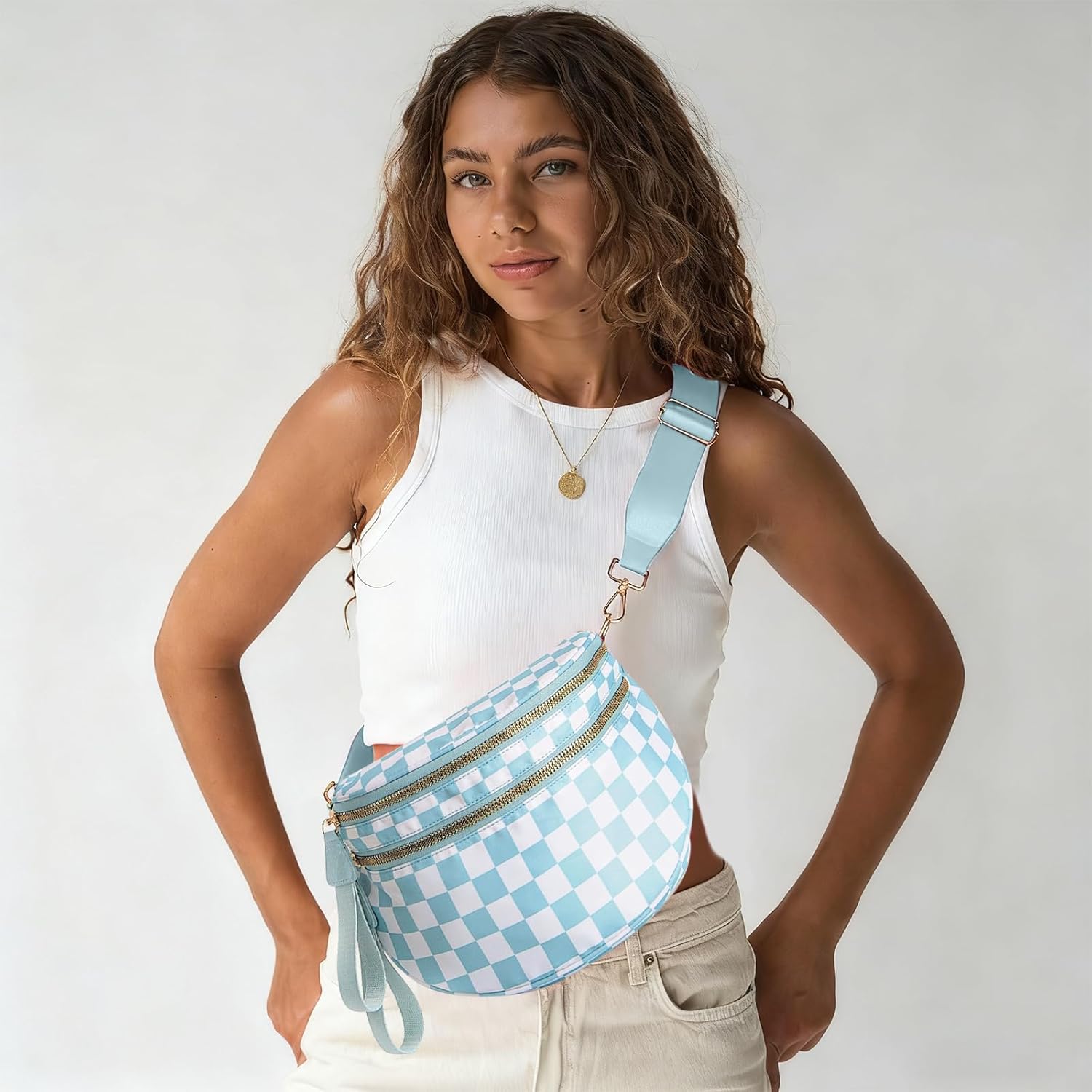 Checkered Crossbody Bag Nylon Bum Bags for Women Spacious Handbags Checkered Purse Fanny Packs with Shoulder Strap - Image 7