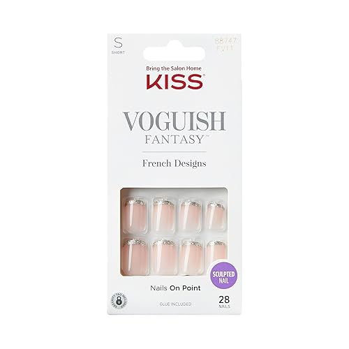 KISS Voguish Fantasy - Uñas francesas de fantasía bisous, uñas acrílicas de moda francesa, cortas, cuadradas, plateadas claras, listas para usar,