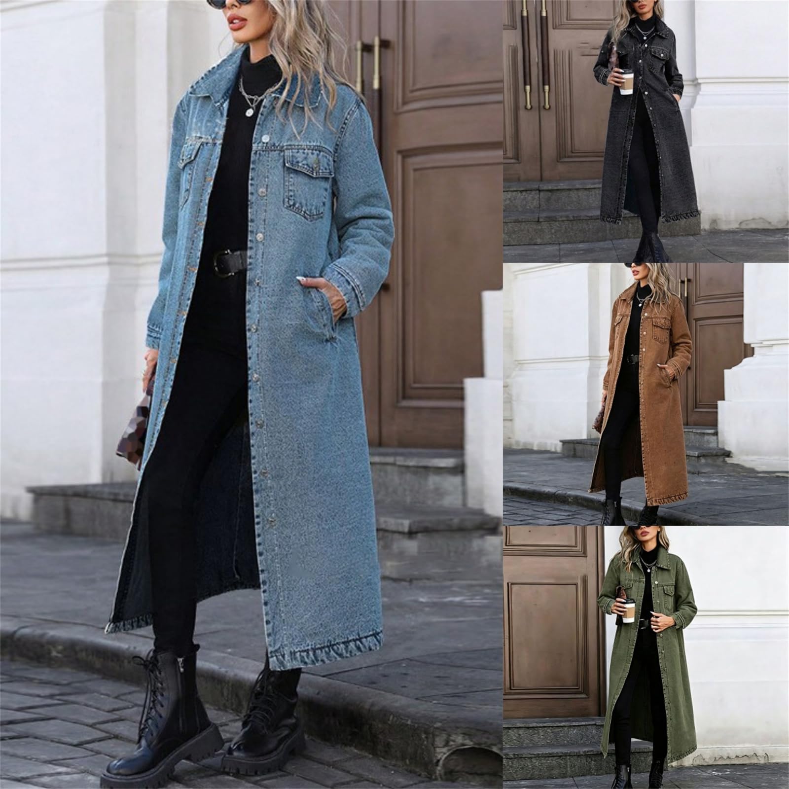 Trench Dżinsowy Długi Damski Klapa Guziki Kurtka Denim Luźna Oversize, Zielony, L | Wiatroodporny dżins z praktycznymi kieszeniami bocznymi. Łatwe dopasowanie do innych ubrań. Com, idealny do pracy