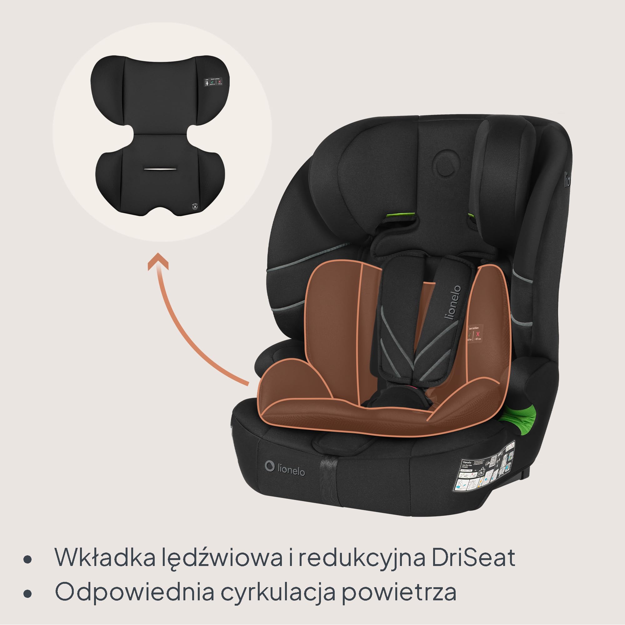 Lionelo Levi Fix I-SIZE fotelik dziecięcy 76-150 cm do 18 kg, grupa 1 2 3, osłona boczna, regulacja zagłówka 10 stopni, ISOFIX i montaż Top Tether, R129 i-Size
