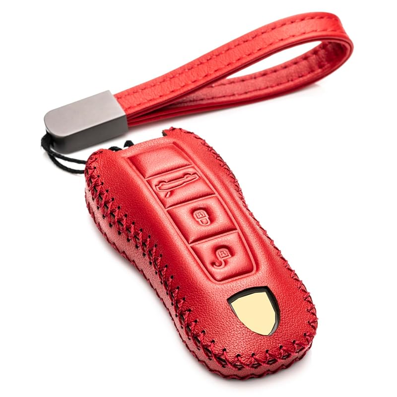 Capa de Chave Presencial para Porsche em Couro Legítimo Vermelho Vitodeco, 3 Botões, KC-PORSCHE-LB