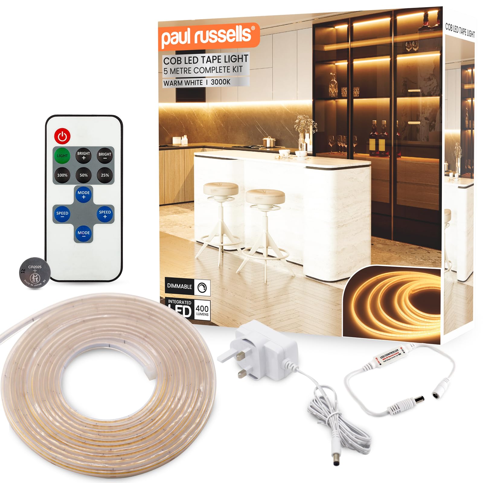 paul russells COB LED Strip Light, 24V- 5Watt/M, 320 LEDs/M, Warm White 3000K, 2300 Lumens, 5M Flexible Tape Light, IP65