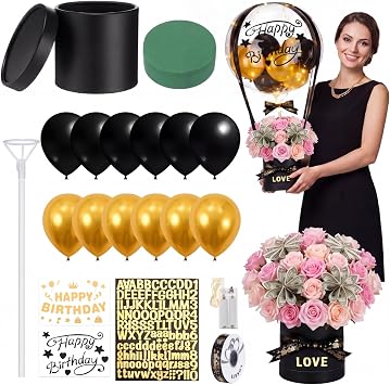 Gemscream Birthday Surprise Hot Air Balloon Gift Box Kit, DIY Black Gold Party Decoration with 20 Inch Bobo Balloons, LED String Lights, Gold Ribbon & Floral Clay, Gift Ideas for Women Men Girls Boys