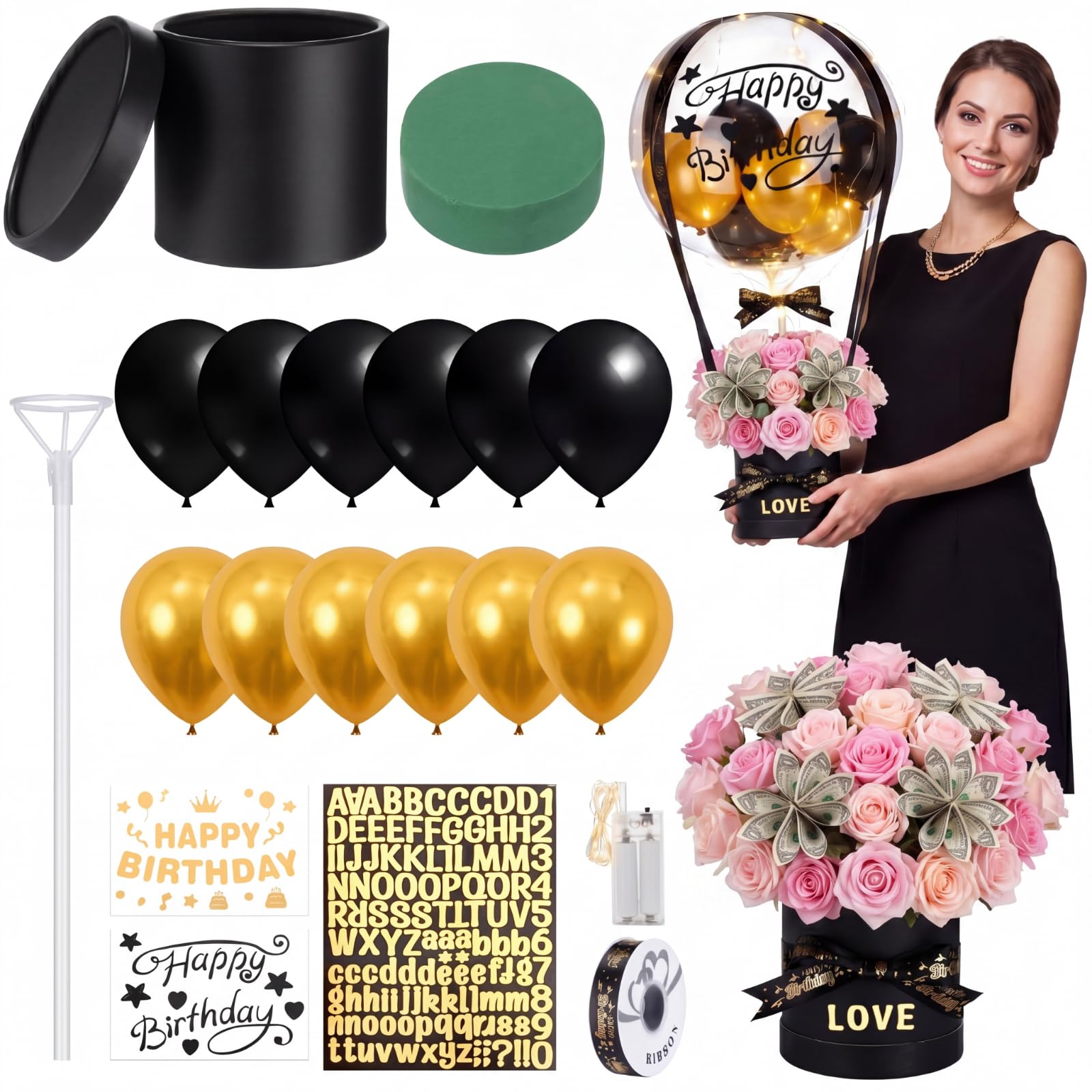 Gemscream Kit de caja de regalo de globos de aire caliente de cumpleaños con globos Bobo de 20 pulgadas, cadena de luces LED, cintas y arcilla floral para mujeres, hombres, amigos, novia, esposa