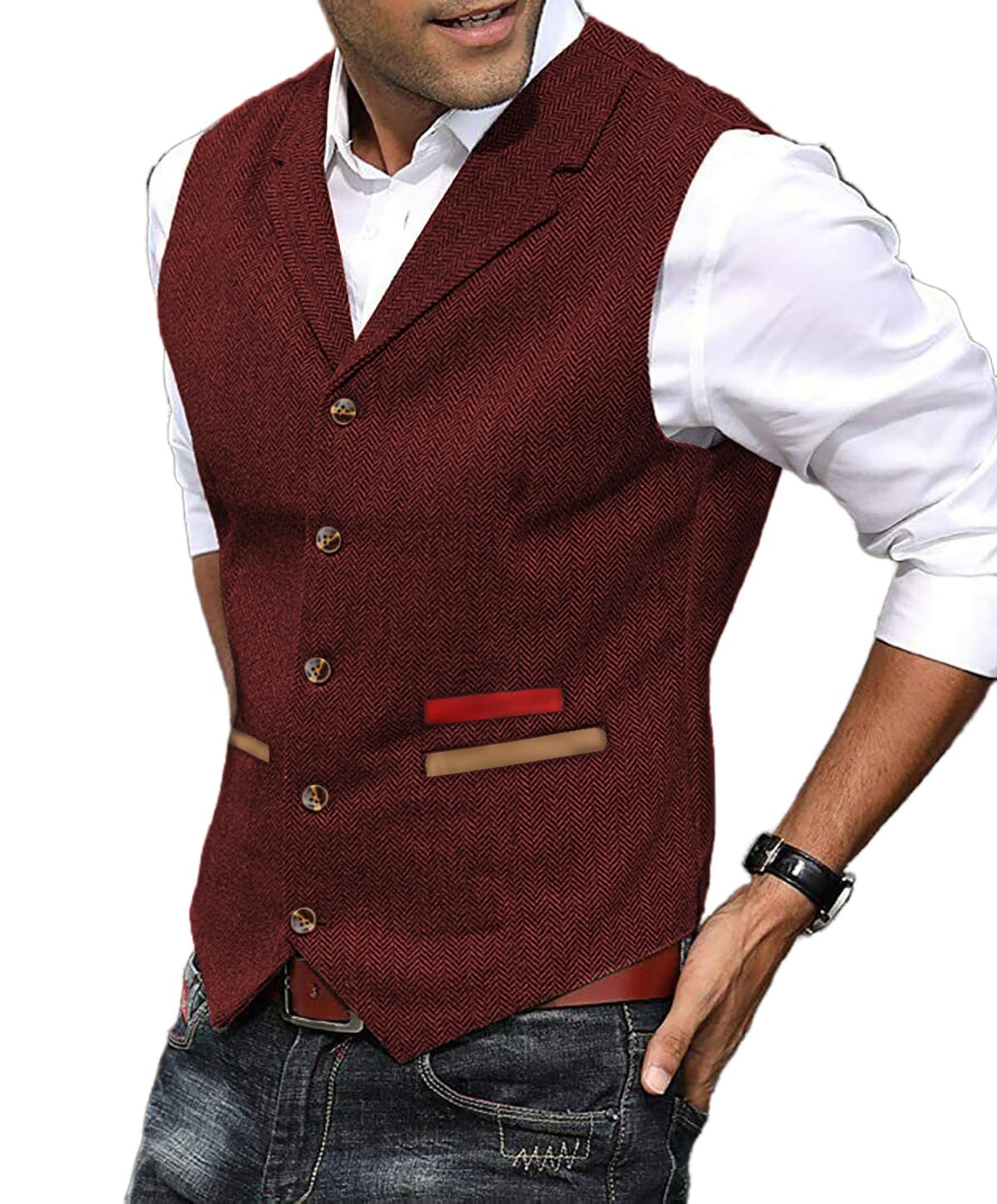 Yiaisafa Formal Mens Vests Tweed Waistcoats Wool Retro Herringbone Vintage Lined Wedding Groomsman Lined Hunting S-3XL(Burgundy,XXXL)