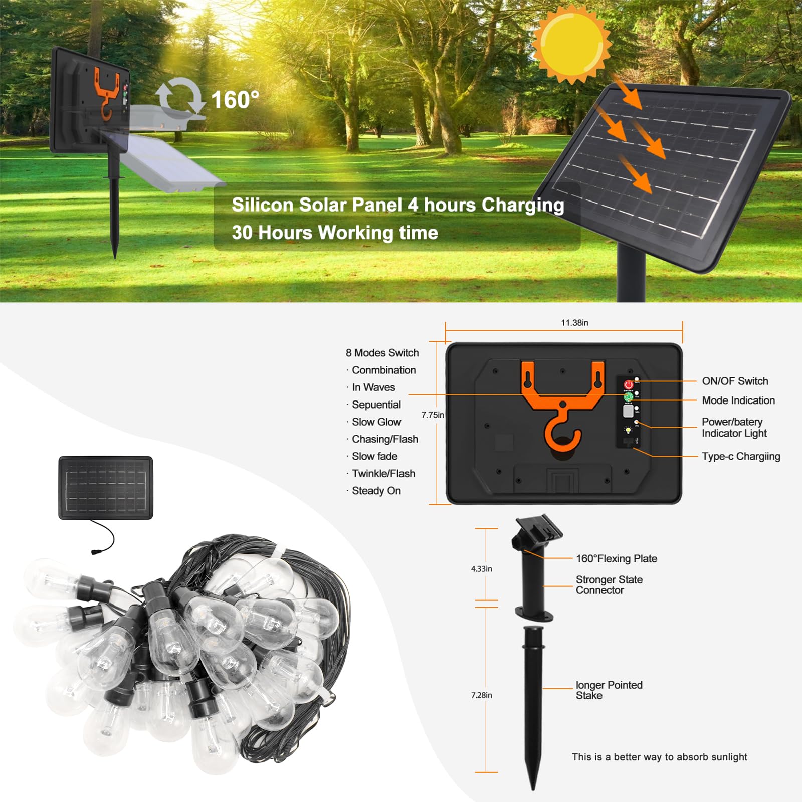 24V 7200mAH Lámpara solar LED de bombilla para exteriores [37 LEDs/45M, blanco cálido], luz de jardín impermeable IP67, 8 modos, bombilla de PC irrompible con gancho en S