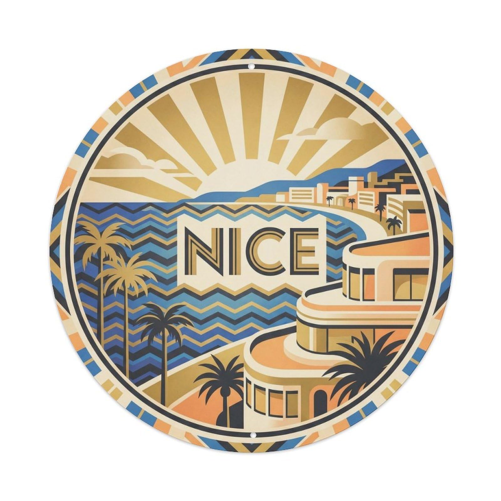 Riviera Promenade Nice France Deco Style Sunburst Coast Metal Tin Sign Plaque Wall Decor for Cafe, Man Cave, Club Bar, Office, Home Garden Round Metal Poster 8x8Inch