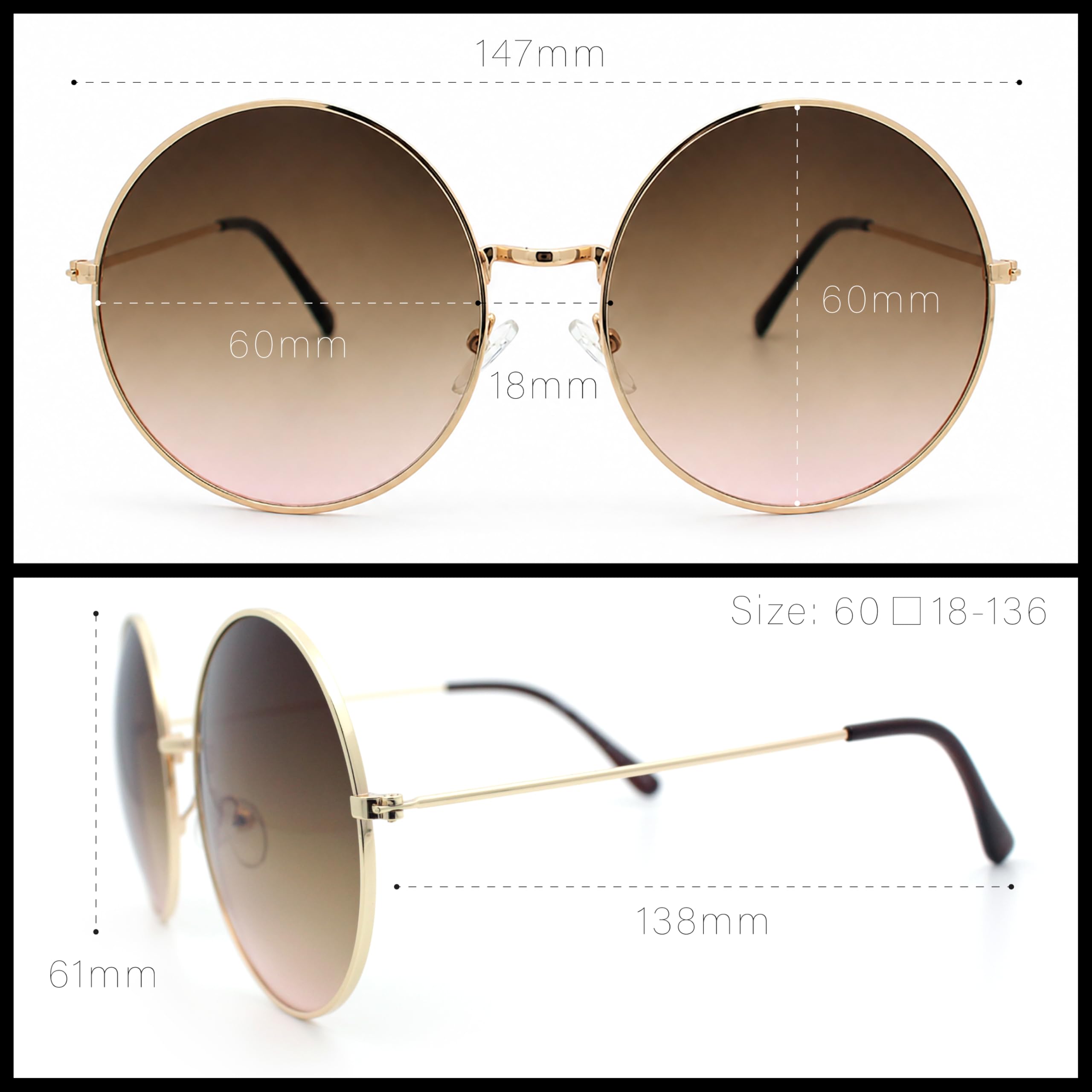 Klassische Übergröße Joplin Style Hippie Runde Gläser Sonnenbrille, Gold (Gold Brown Peach), Einheitsgröße
