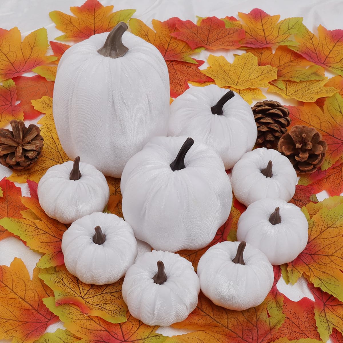 Lot De 19 Citrouilles En Velours Décoratives D'automne - Tailles 15/11/9/8/6 Cm, Couleurs Bleu, Blanc, Orange, Pour Halloween, Thanksgiving Ou Décoration De Table
