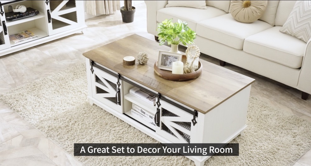 Watch OKD 48'' Farmhouse Coffee Table with Storage,Antique White
