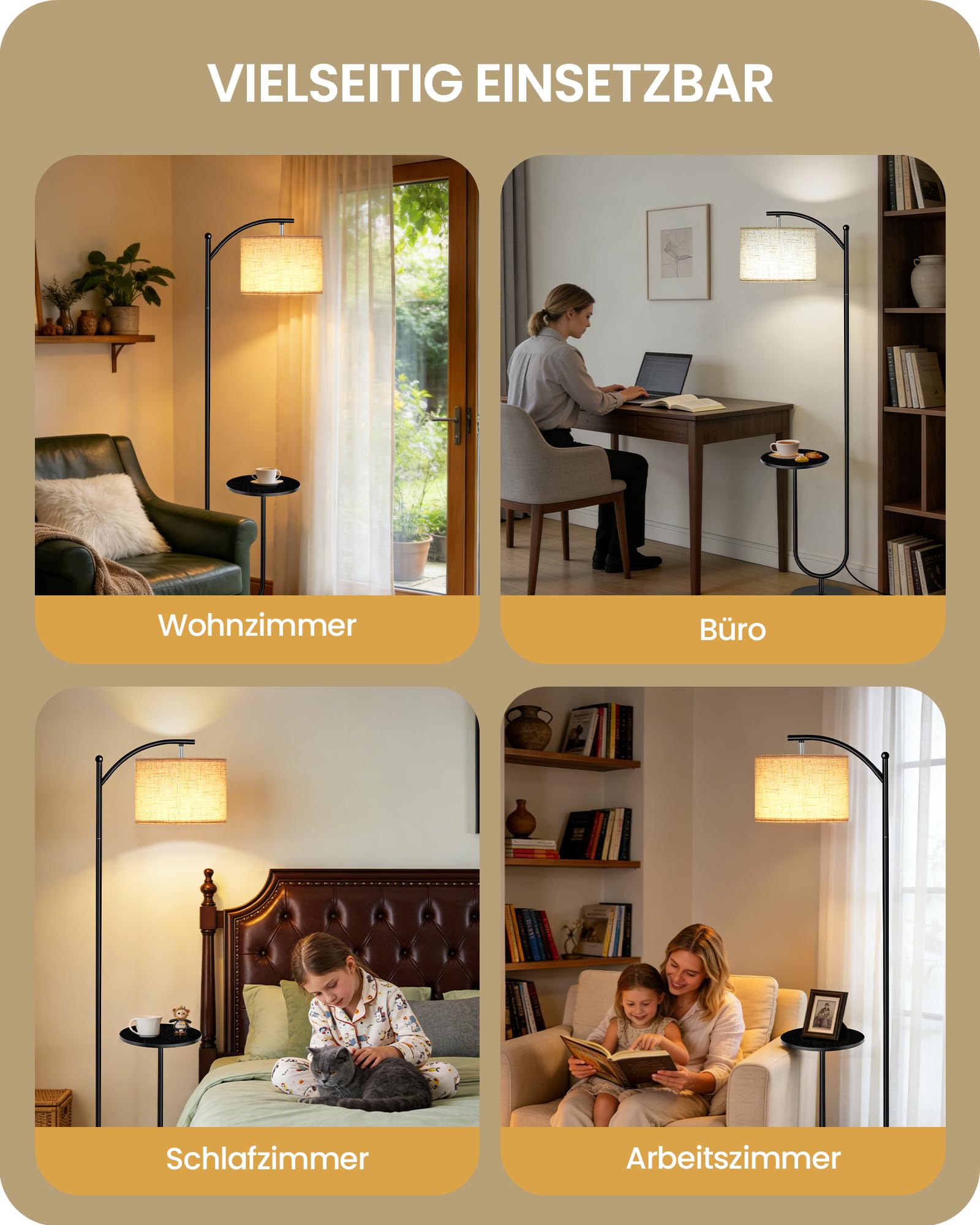 Stehlampe mit Tisch, Schwarz und Beige | 3 Farbtemperaturen, Speicherfunktion, Verstellbarer Lampenkopf, Fußschalter, Mit Regal