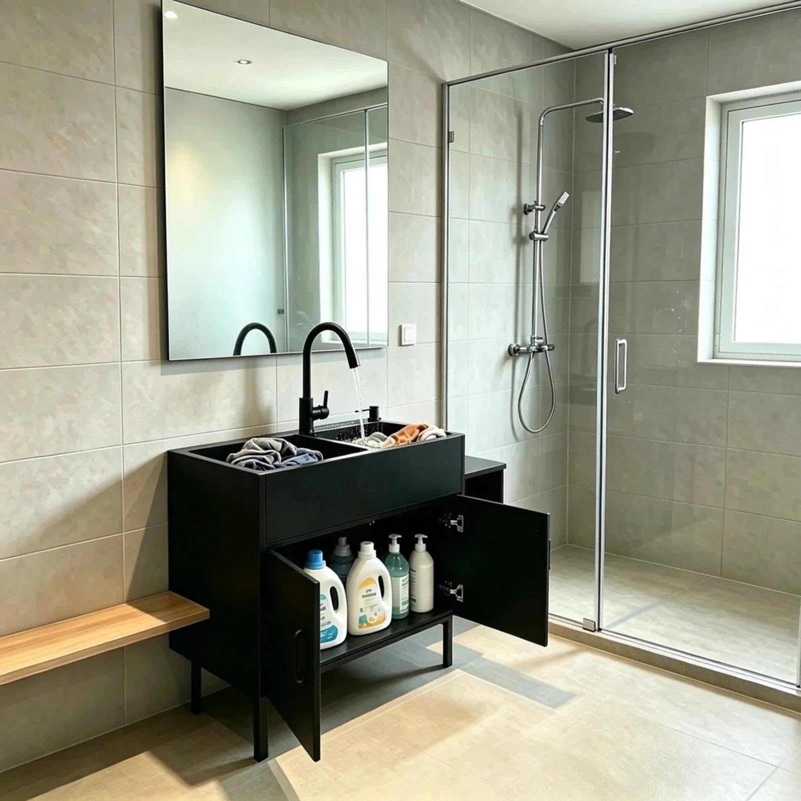 Freistehende Edelstahl KüChenspüLe mit Unterschrank Ausziehbarem Wasserhahn Gewerbliche Doppelbecken SpüLenschrank für KüChe WäSche Badezimmer Komplettes Set(black,75x41x85cm)