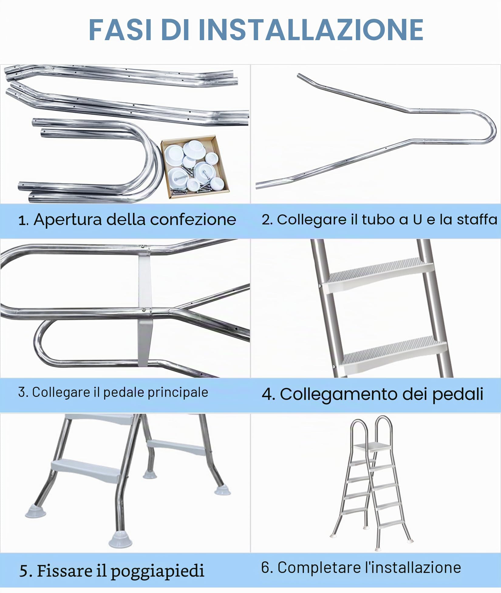Scala stabile per piscina fuori terra, in acciaio inossidabile 304 ispessito, scale per piscina fuori terra per esterni, scala a 4 gradini per piscina, capacità 250 kg scale per piscina resistenti