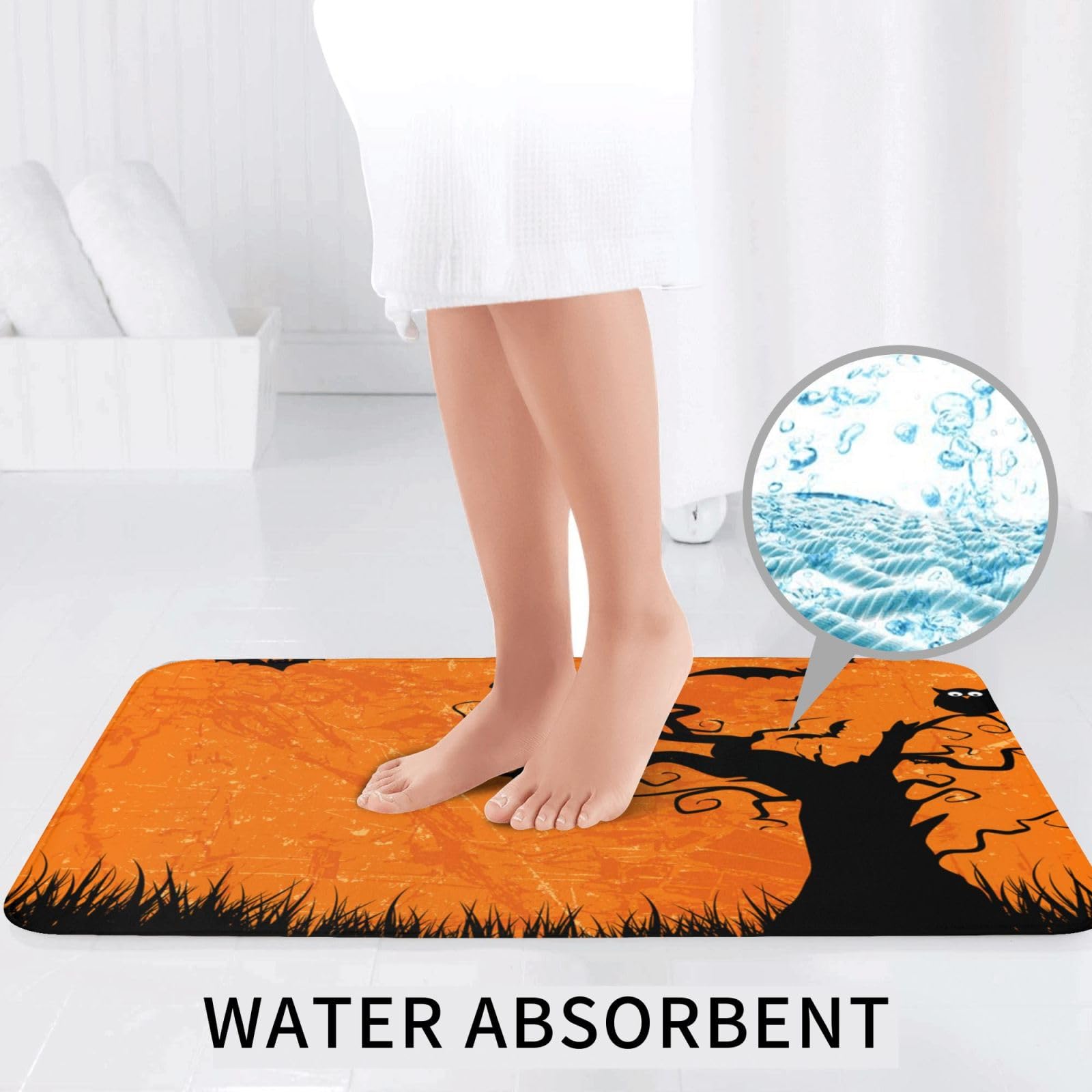 Set di tappetini da bagno con stampa arancione per feste di Halloween, 3 pezzi inclusi, tappetino da contorno assorbente per bagno