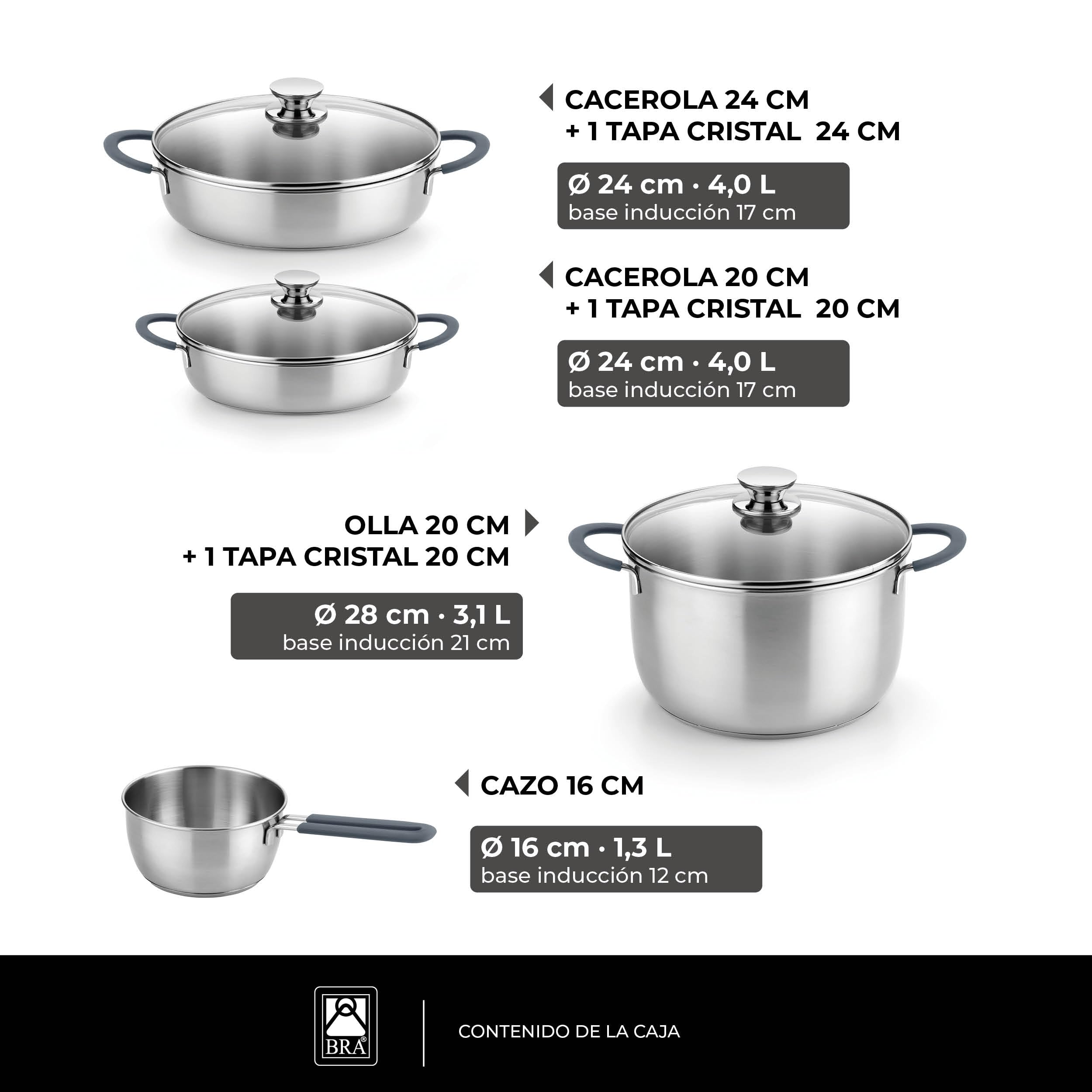 BRA Master | Batería de cocina 7 piezas, Acero Inoxidable 18/10, Sin Antiadherente, Mango recubierto de Silicona, Apto para todo tipo de cocinas, Incluida Inducción