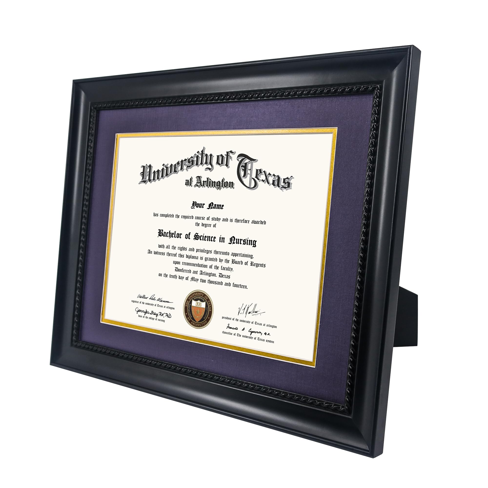GMFrames Ramka dyplomowa 8,5 x 11 z fioletową matą lub wyświetlaczem certyfikaty 11 x 14 bez maty, lite drewno, czarne wykończenie ze skomplikowanymi czarnymi detalami liny, akryl chroniący przed