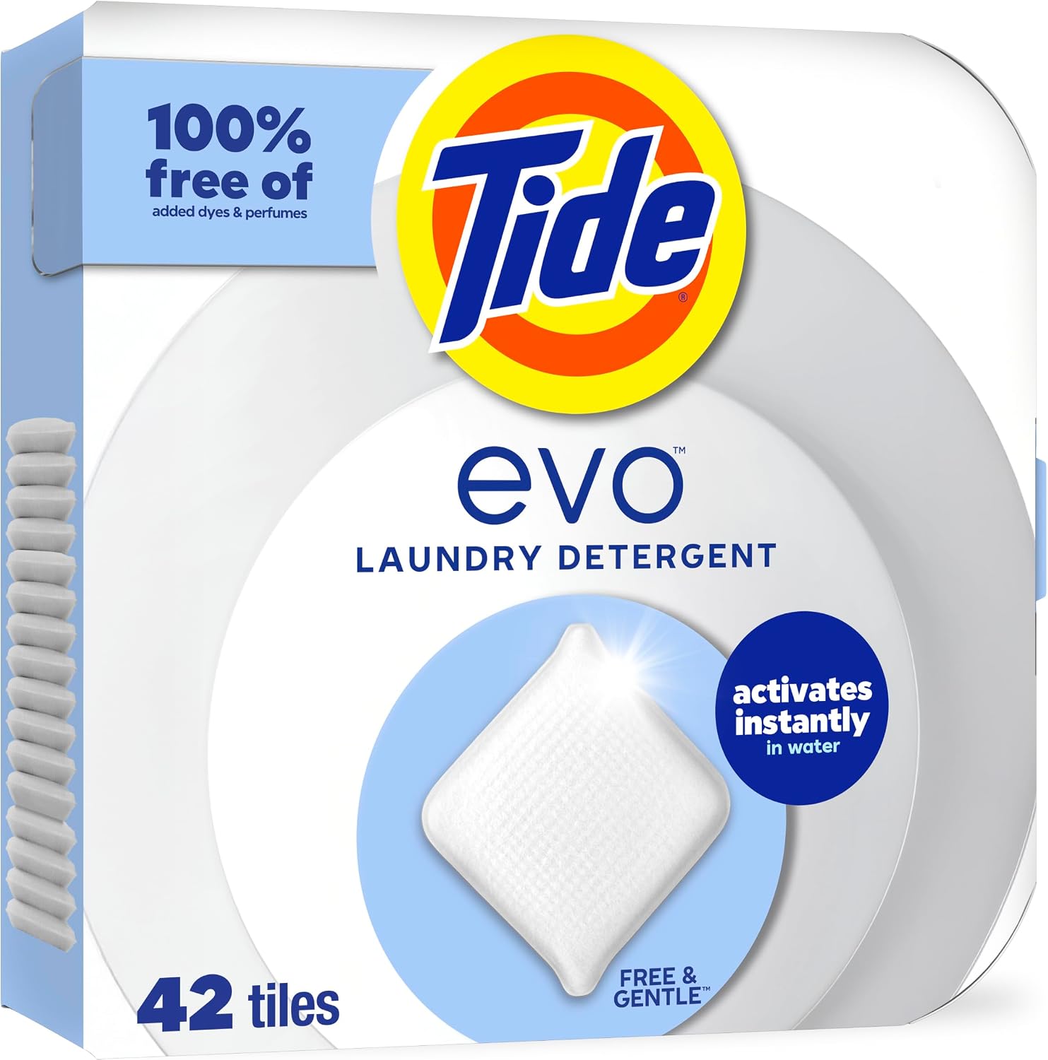 Tide evo Free & Gentle Tiles Fragrance-Free Hypoallergenic Laundry Detergent Fiber Tiles for Sensitive Skin Works on 100% of Common Stains Safe for All Machines and Water Conditions, 42 Count