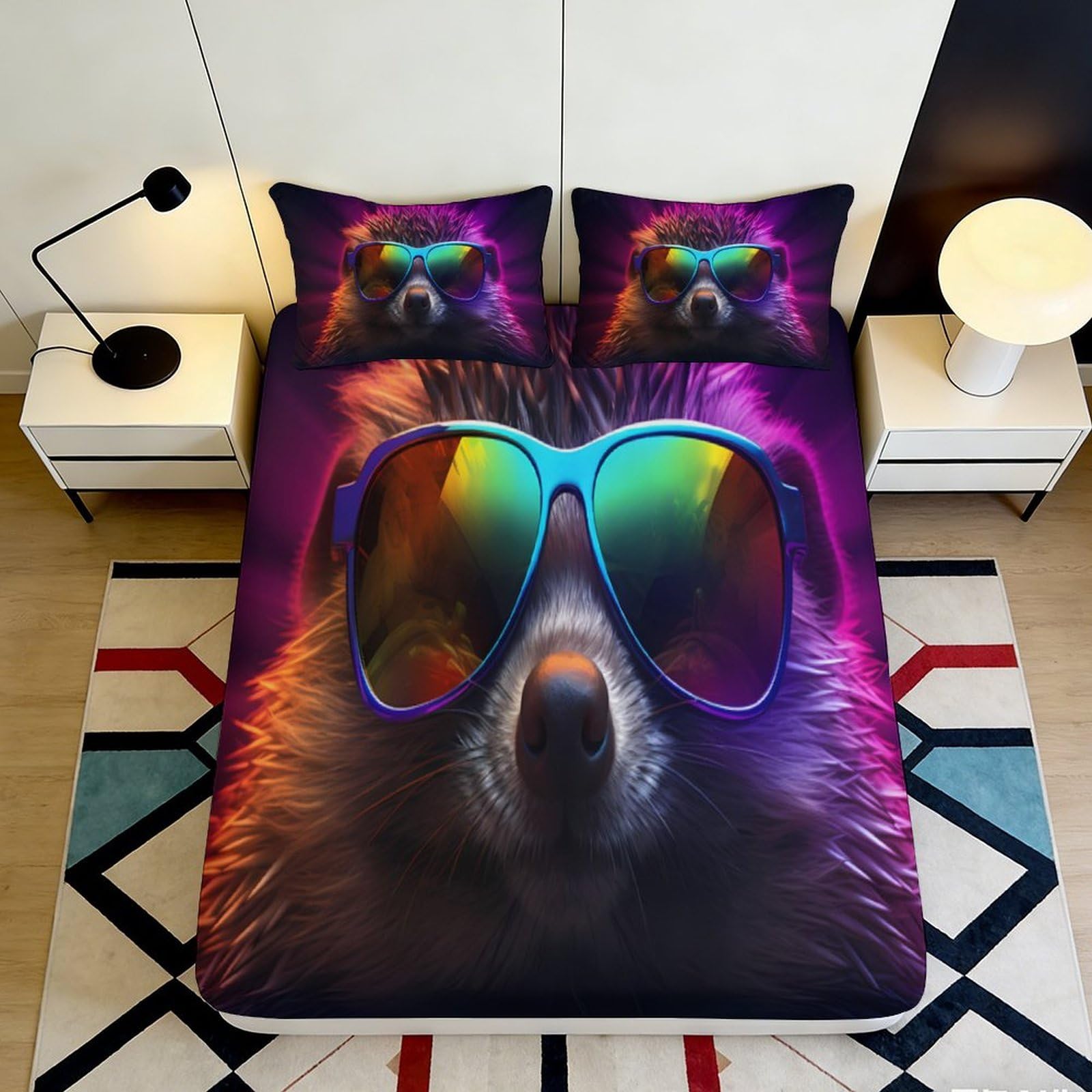 Pnayamiorkfel Style-4 3D Printed Cool Hedgehog Fitted Sheet Microfiber Soft Mattress Cover With Sunglasses Design For Bedroom Dorm Decor 90X200x25cm
