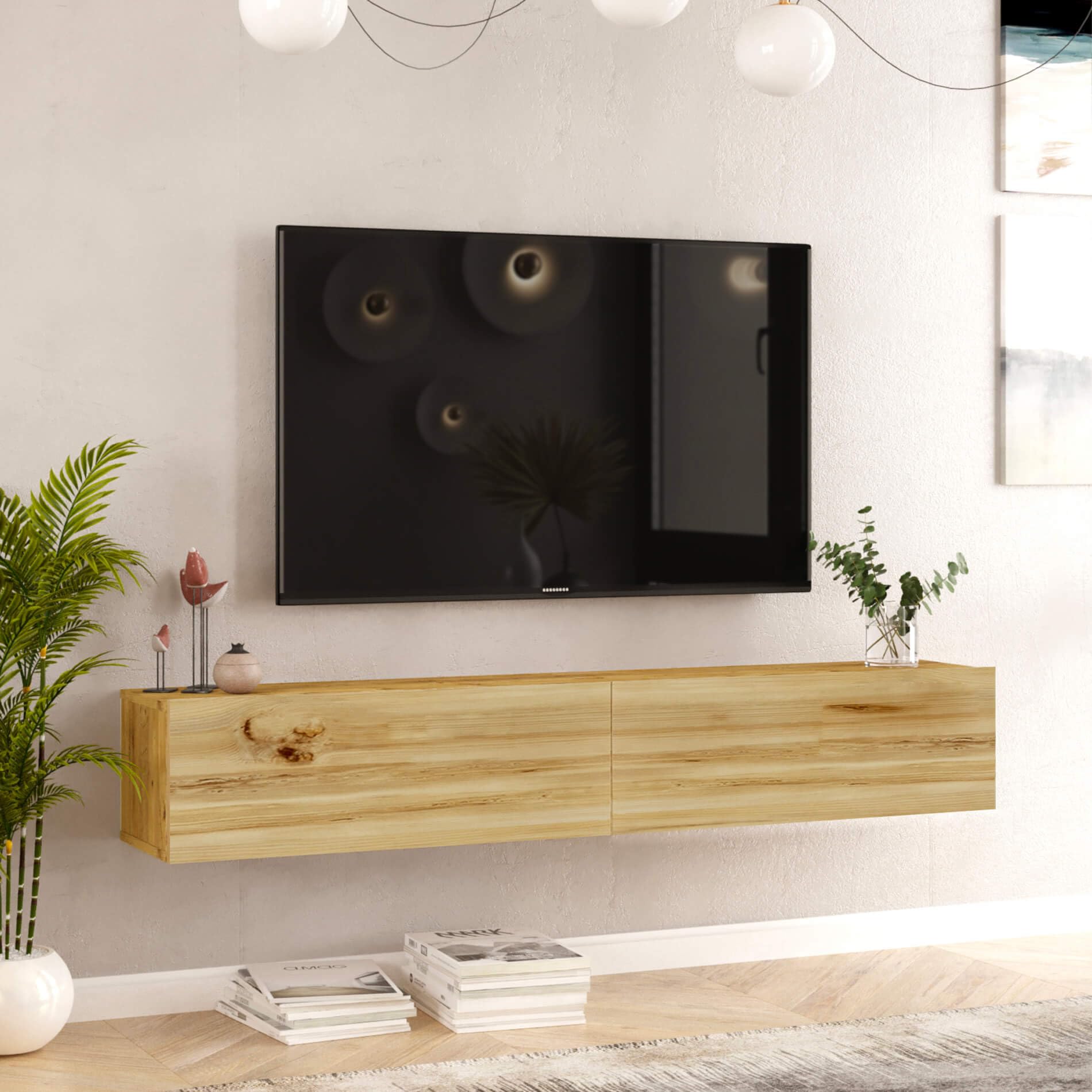 Rebecca Mobili Mueble para TV colgante, aparador colgante, roble claro, aglomerado, con 2 puertas, para salón moderno – Medidas (alto x ancho x profundo): 29,5 x 180 x 31,5 cm – Art. RE7211