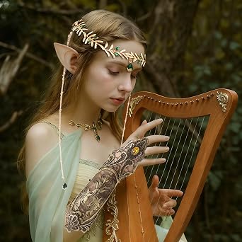 Renaissance Elf Costume Accessory Set Fairy Headpiece Elf Ears Lace Gloves Forest Renaissance Halloween Wedding Bridal Shower Adult Costume Accessories