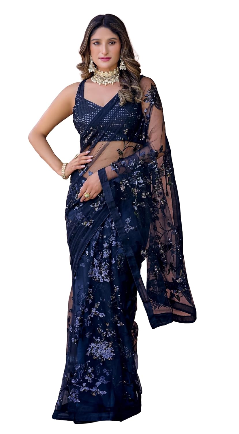 StyleScope Women’s Net Sequence Embroidered Saree With Unstitched Blouse Piece (Diamond Sequance Blackkk_Blackkk_Free Size) - Review, Price and Buying Guide