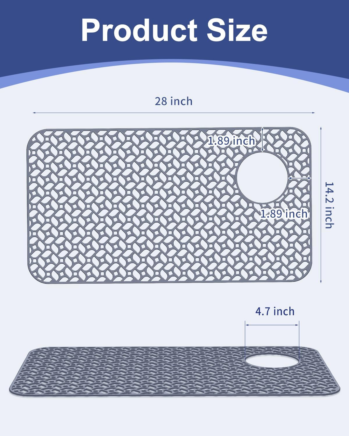 Sink Protectors for Kitchen Sink, 28''x14.2'' Kitchen Sink Grid Accessory, Heat-Resistant, Non-Slip Silicone Grid Mat for Bottom of Stainless Steel & Farmhouse Sinks, Top Right Drain Hole (Gray)