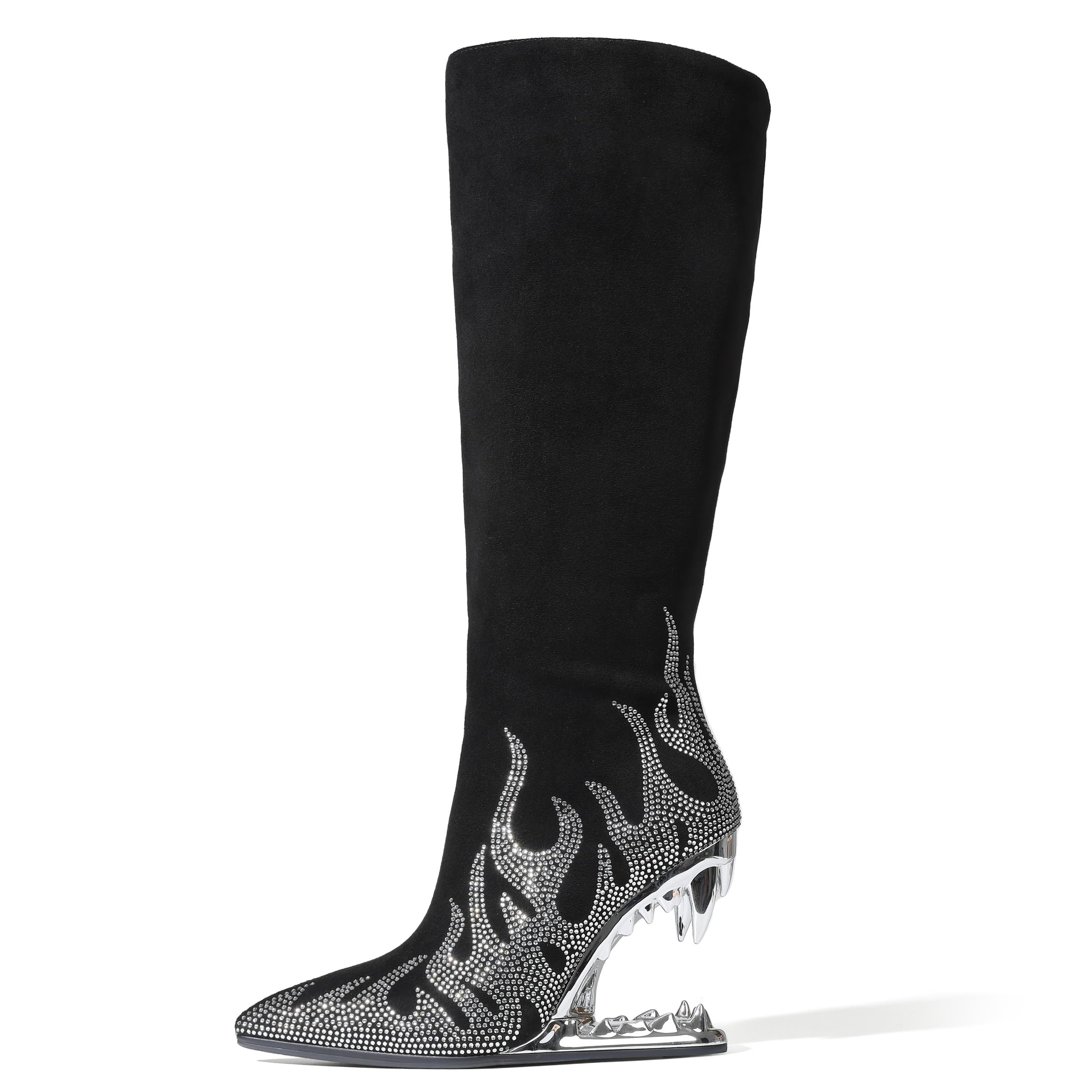 Goiphrri Knee High Boots for Women Suede Wide Calf Boots Side Zipper Tiger Tooth Heel Tall Boot Pointed