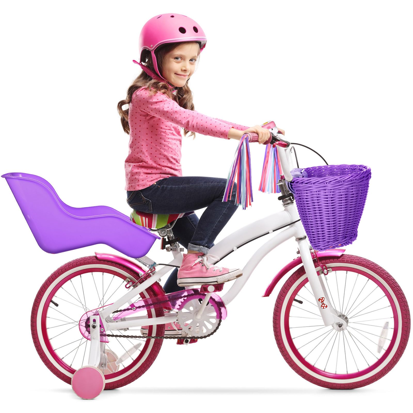 Asiento de bicicleta para muñeca con 30 calcomanías, cesta de bicicleta para niños, manillar de bicicleta, cintas coloridas, borla, margarita, campana de bicicleta para niñas, niños, 5
