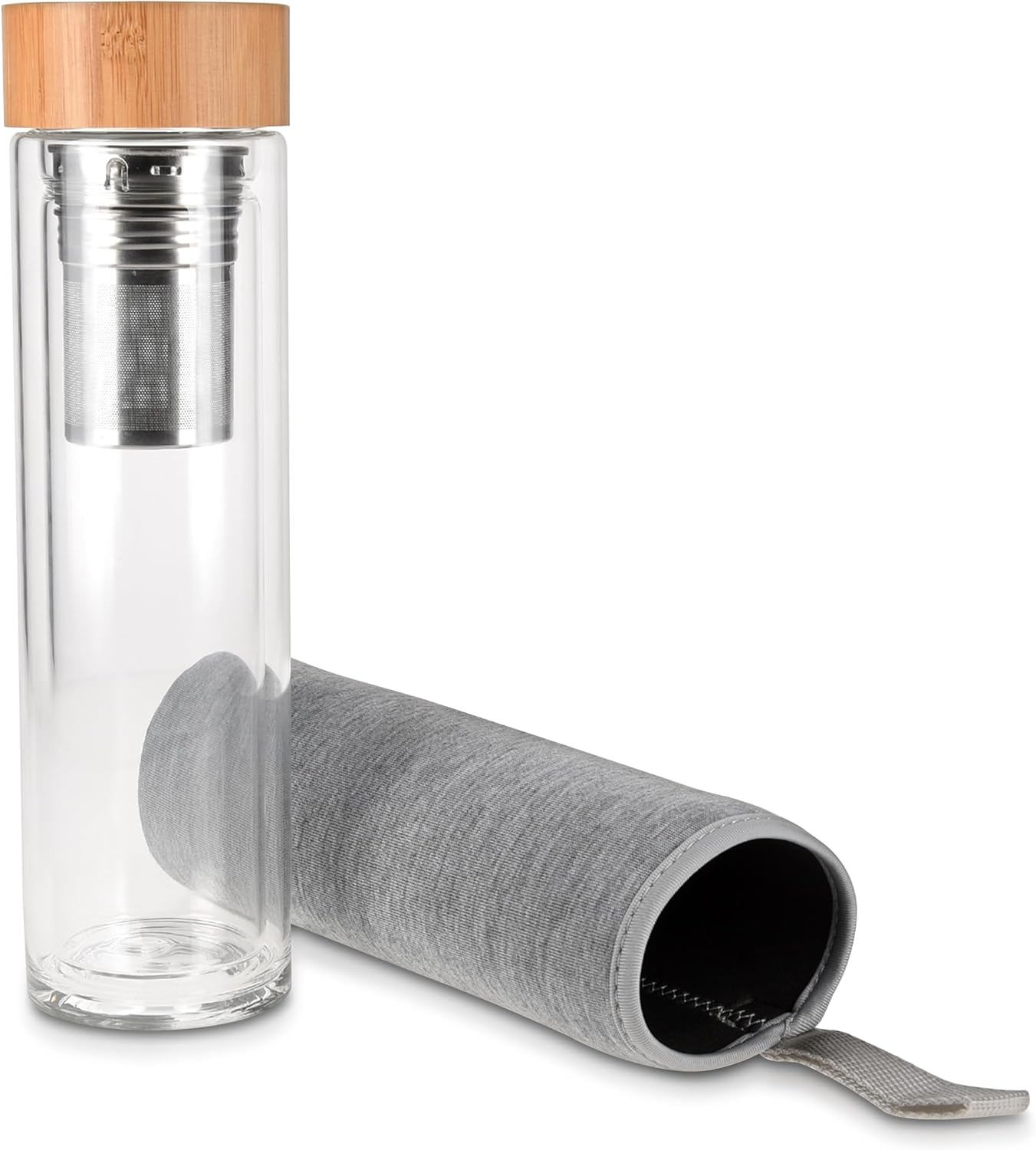 Navaris Glass Water Bottle with Tea Infuser - Double Walled Borosilicate Glass Travel Tumbler with Bamboo Lid and Non Slip Gray Neoprene Sleeve - 17oz - Image 8