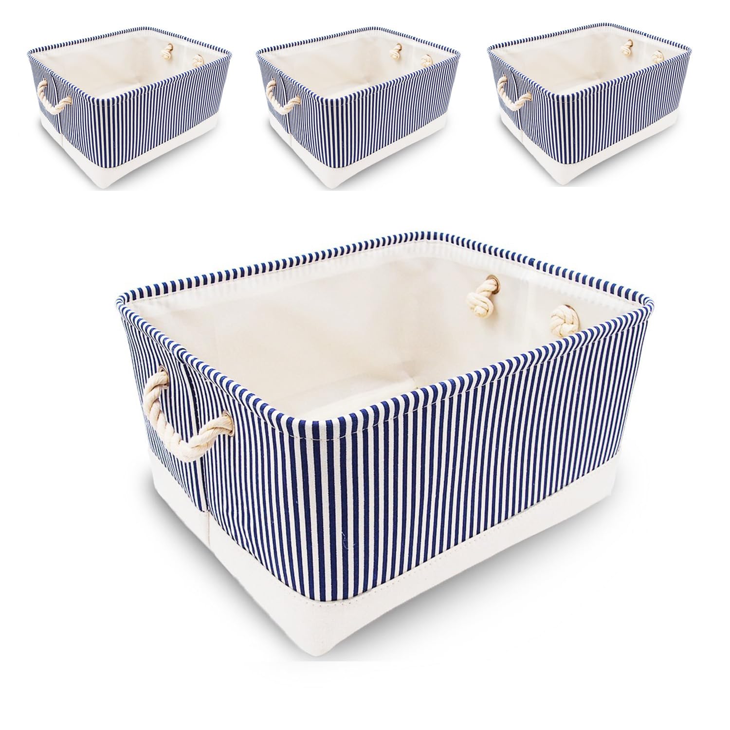 Mangata 4 Pack Large Storage Boxes, Multi-Size, Rectangular Organiser Baskets for Shelves, Toys, and Clothes, 41x31x20cm(Blue Stripe, L)