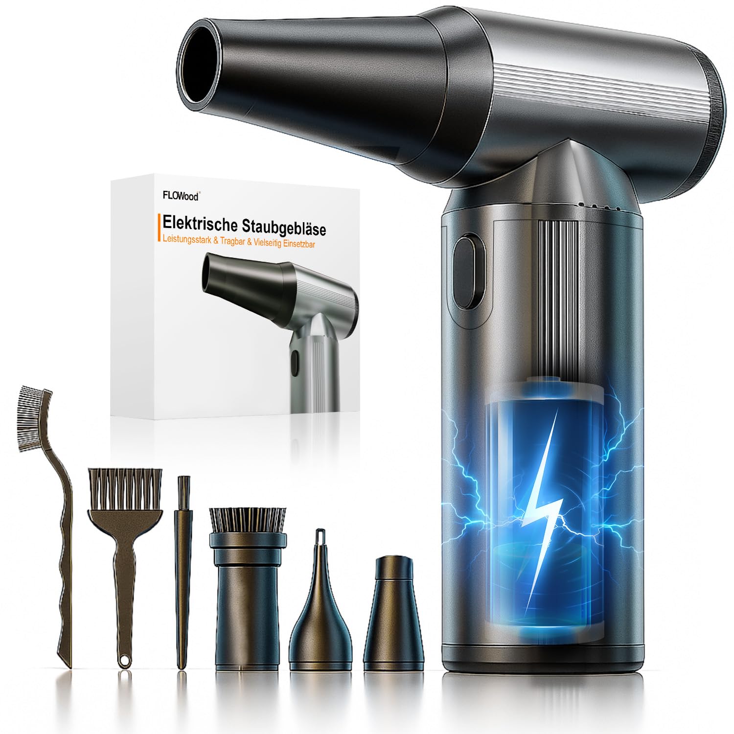 FLOWood Elektrische Staubgebläse Druckluftspray, 3-Gang 200000 U/min mit 10000mAh Akku air duster, Aluminiumgehäuse und USB Schnellladung, druckluft für PC Reinigungsset, Tastatur, Auto, Outdoor