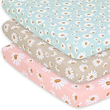 The Peanutshell 3-Pack Fitted Playard Sheets - Soft & Breathable Baby Girl Mini Crib Sheets, Pack N Play Mattress, Fits Standard Playard Pack Play Mattresses - Daisy Dreams