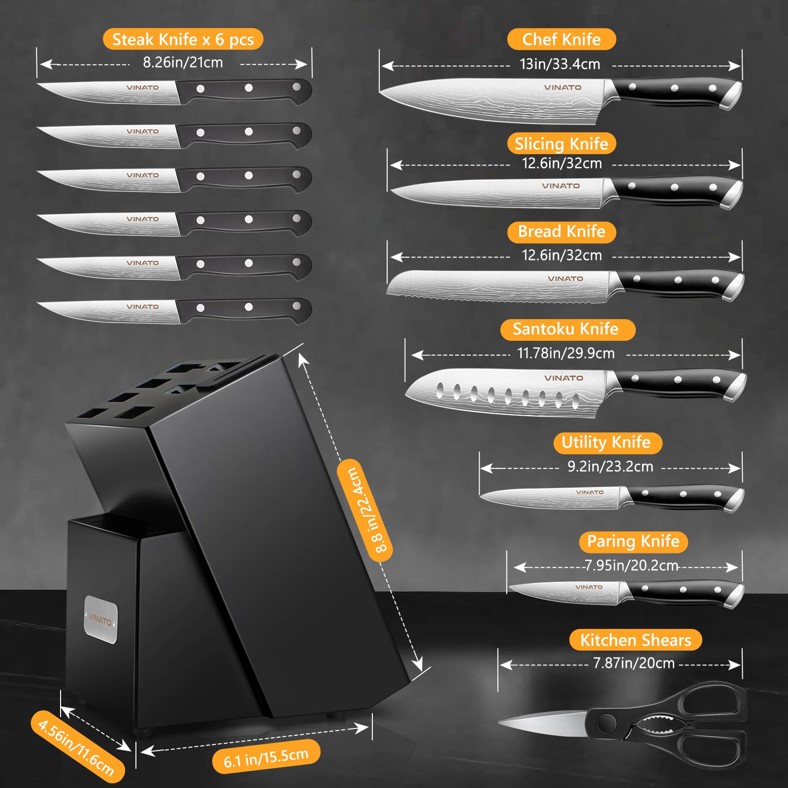 VINATO Couteau Cuisine, Set Couteau Cuisine 14 pièces avec aiguiseur, Set de couteaux de cuisine avec optique damassée, Bloc à couteaux avec couteau tranchant Profi Kochmesserset