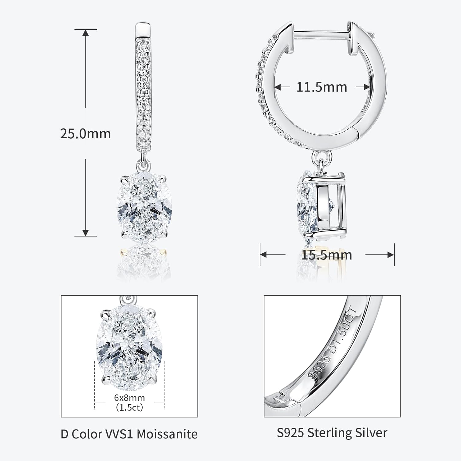 1.5ct Oval Moissanite Huggie Hoop Earrings, D Color VVS1 Clarity, 925 Sterling Silver Dangle Earrings for Mother's Day Wedding Birthday Jewerly Gifts (Silver) - Image 3