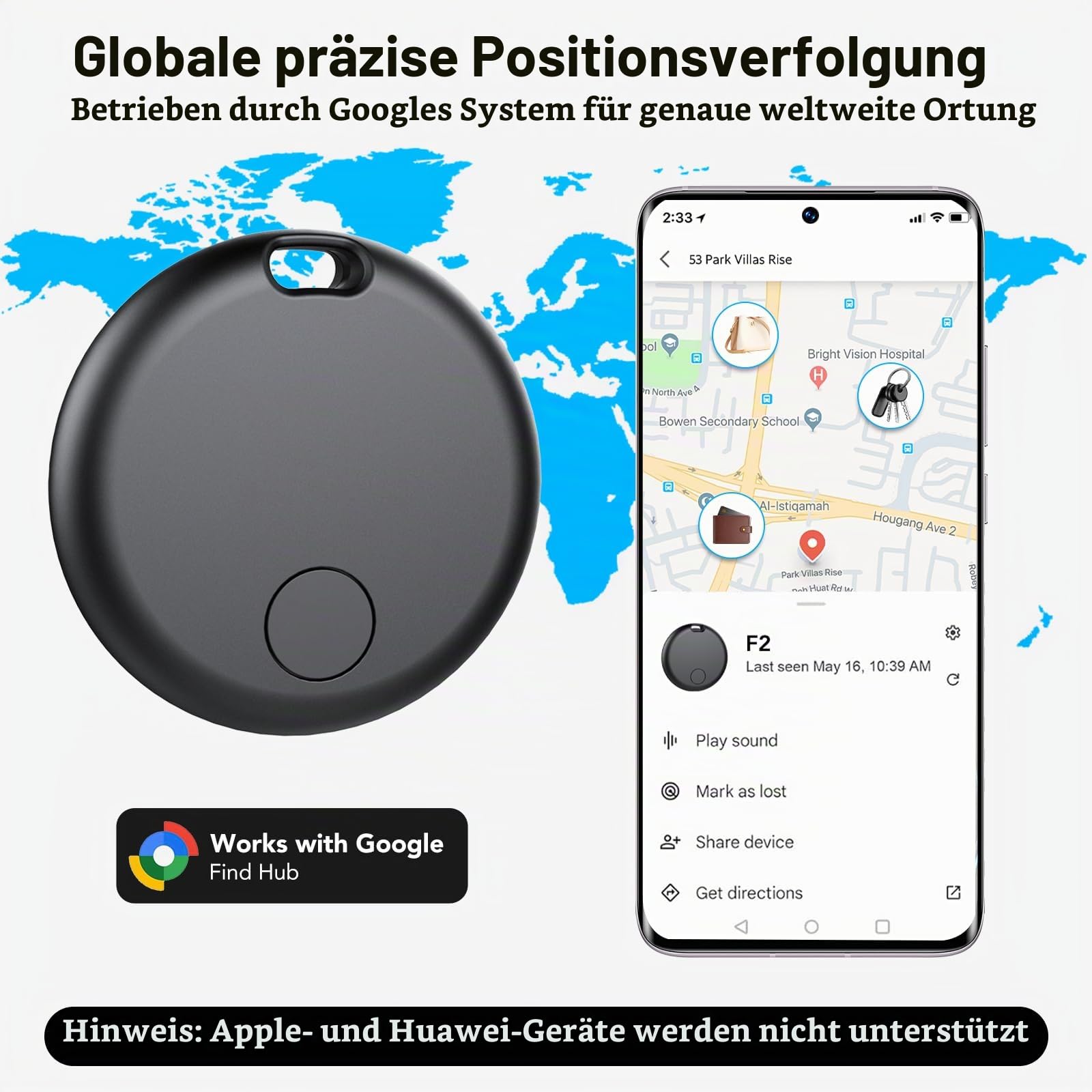 Smart Tracker Tag Android, Bluetooth Schlüsselfinder | kompatibel mit Google Find Hub (NUR Android), Air Tracker Tag Schlüsselanhänger für Koffer, Schlüssel, Gepäck (4er-Pack)