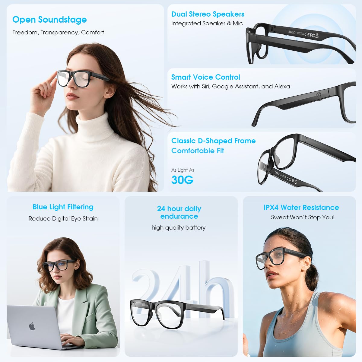 Occhiali intelligenti Bluetooth, occhiali con blocco della luce blu per uomini e donne, microfono e altoparlanti integrati, occhiali wireless intelligenti per ufficio/lavoro, filtro della luce blu