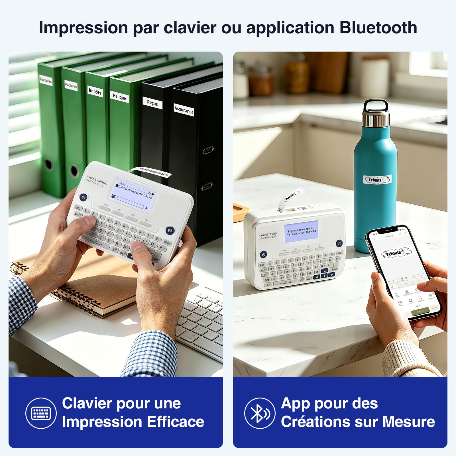SUPVAN E12 Étiqueteuse livrée avec 4 Rubans,compatible avec Clavier et App, Écran Rétroéclairé, Marges Réduites, Recharge USB-C, sans Encre, idéal pour la Maison, la Cuisine, le Bureau, l'École, Blanc