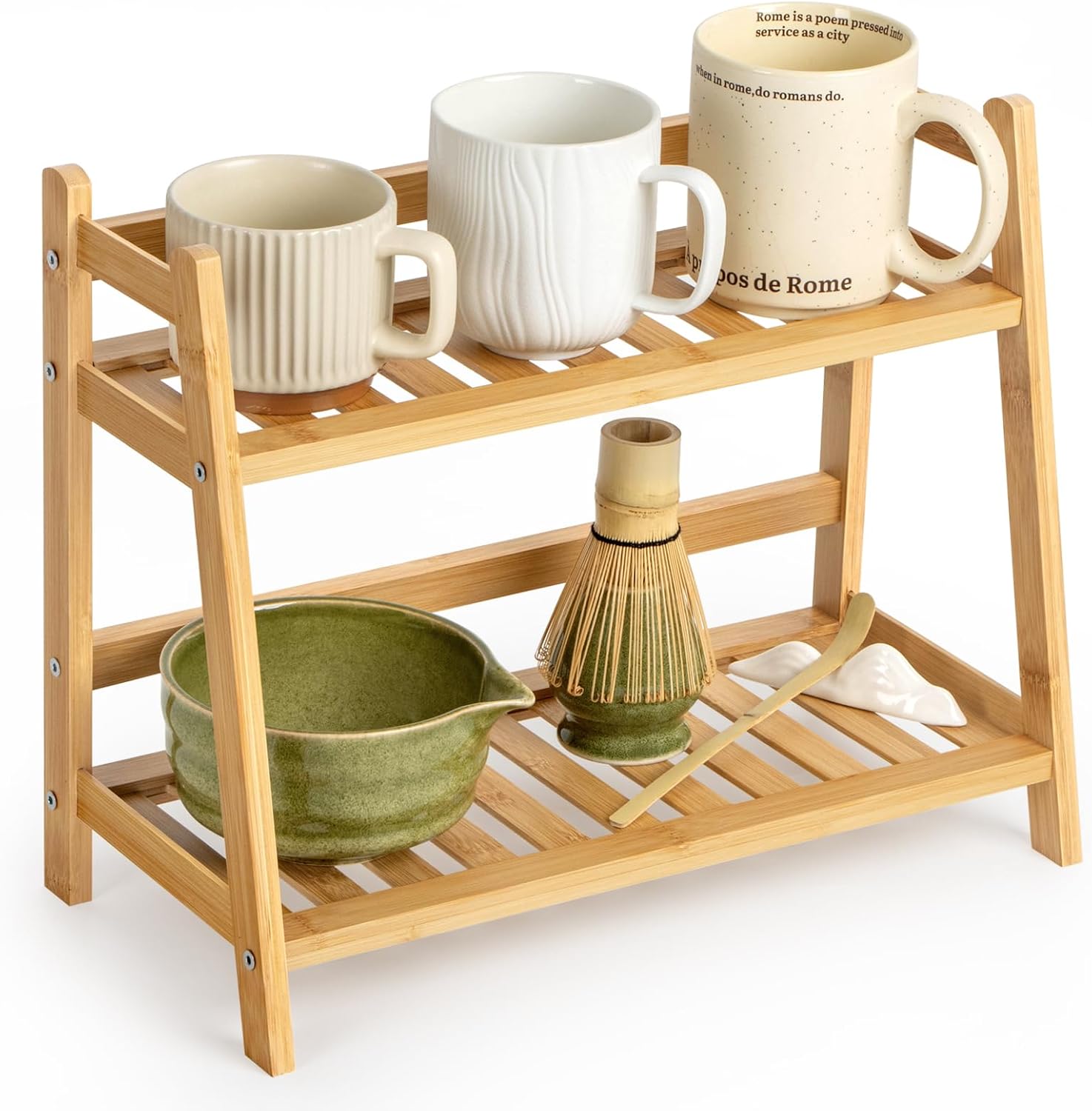 ANBOXIT Bamboo Matcha Station Organizer, Countertop 2 Tier Coffee Station