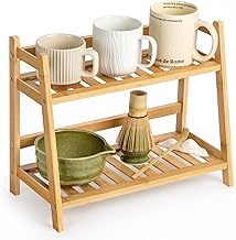 Bamboo Cup Holder 2 Tier Kitchen Shelf Spice Storage Organizer for Coffee and Matcha Accessories for Coffee Bar, Worktop, Office