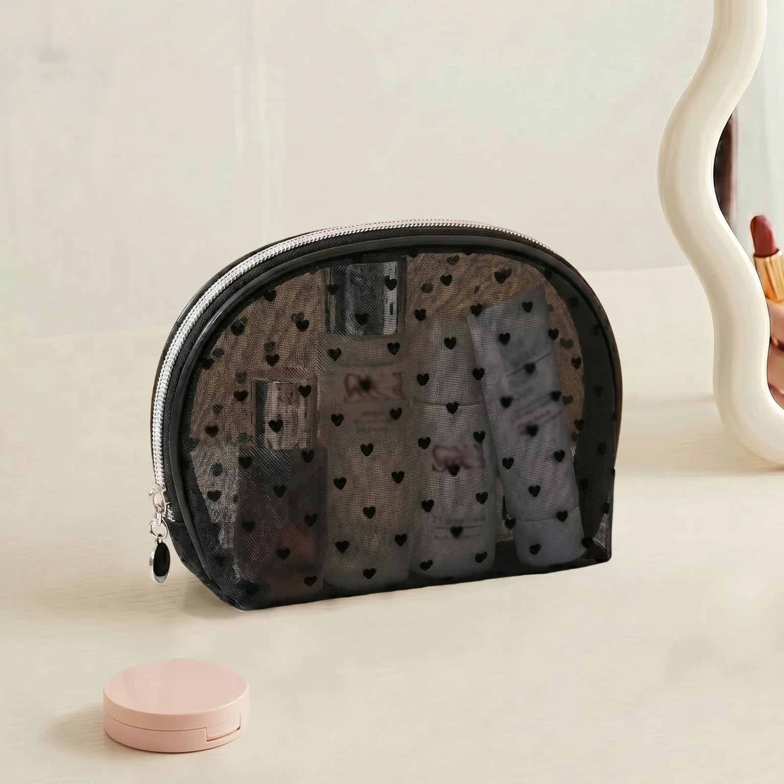 Borsa da Viaggio per Cosmetici, Astuccio Toilette da Viaggio, in Rete con Scomparto Interno a Forma di Cuore Floccato, Tessuto Interno Impermeabile, Bellezza Funzionalità Fondono(Black)