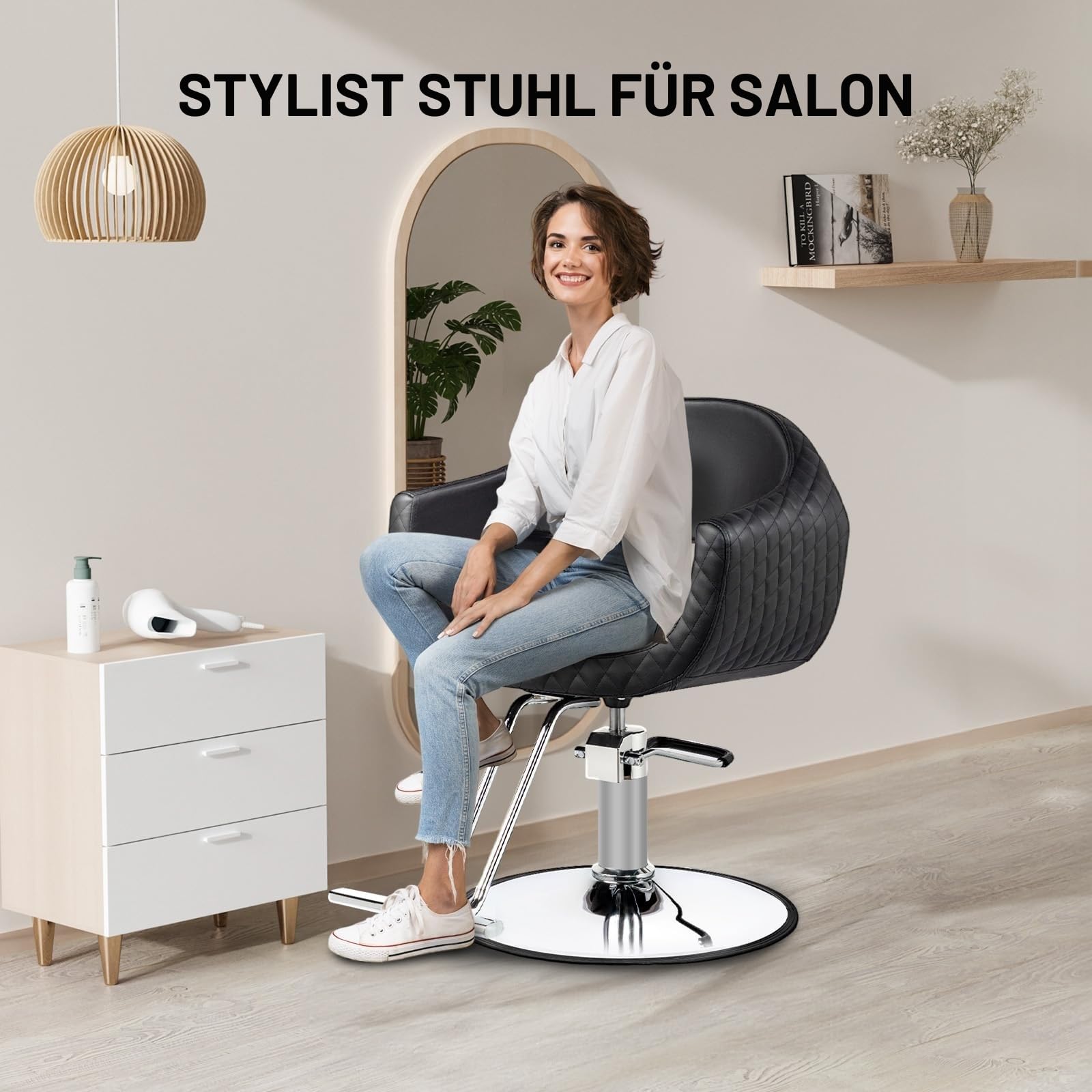 LEADZM Professioneller Friseurstuhl 360° Drehung hydraulische Pumpe Höhenverstellbar 150 kg Barberstuhl Schwarz Silber