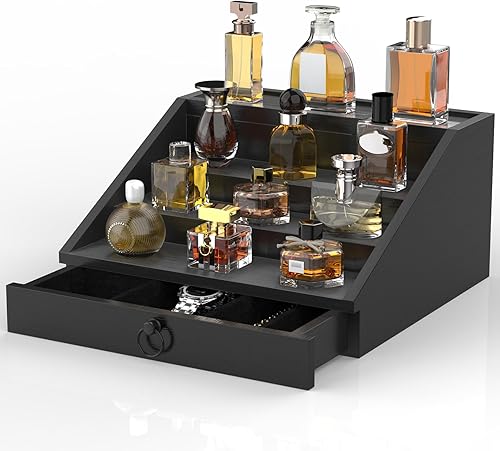 Organizador de colonia de madera para hombres, estante mejorado de colonia de 4 niveles, organizador de perfumes con cajón forrado de terciopelo y