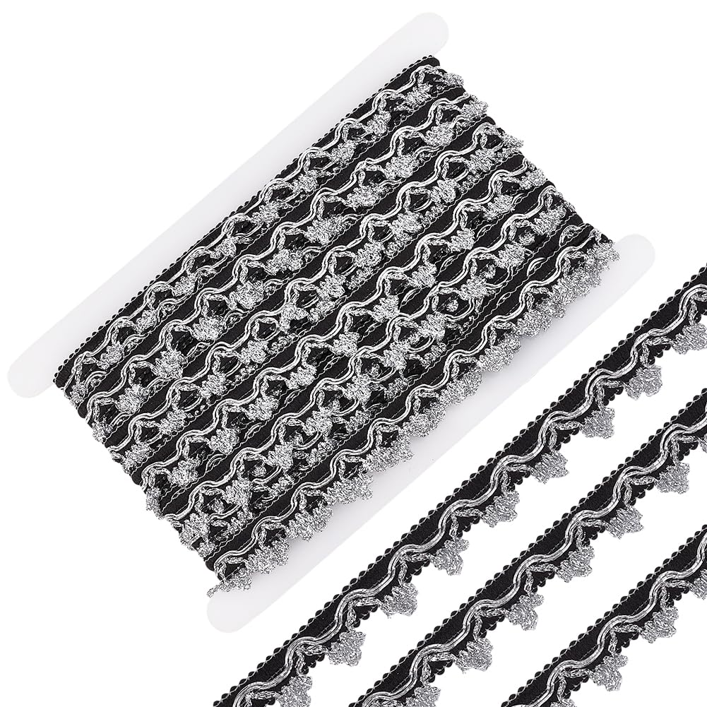 GORGECRAFT 24 Yards x 20mm Metallic Lace Ribbon Filigree Edging Decorative Trim Black Silver Glitter Wavy Edge Applique Woven Trim Embroidered Fabric Ribbon for Sewing Wedding Headband Curtain