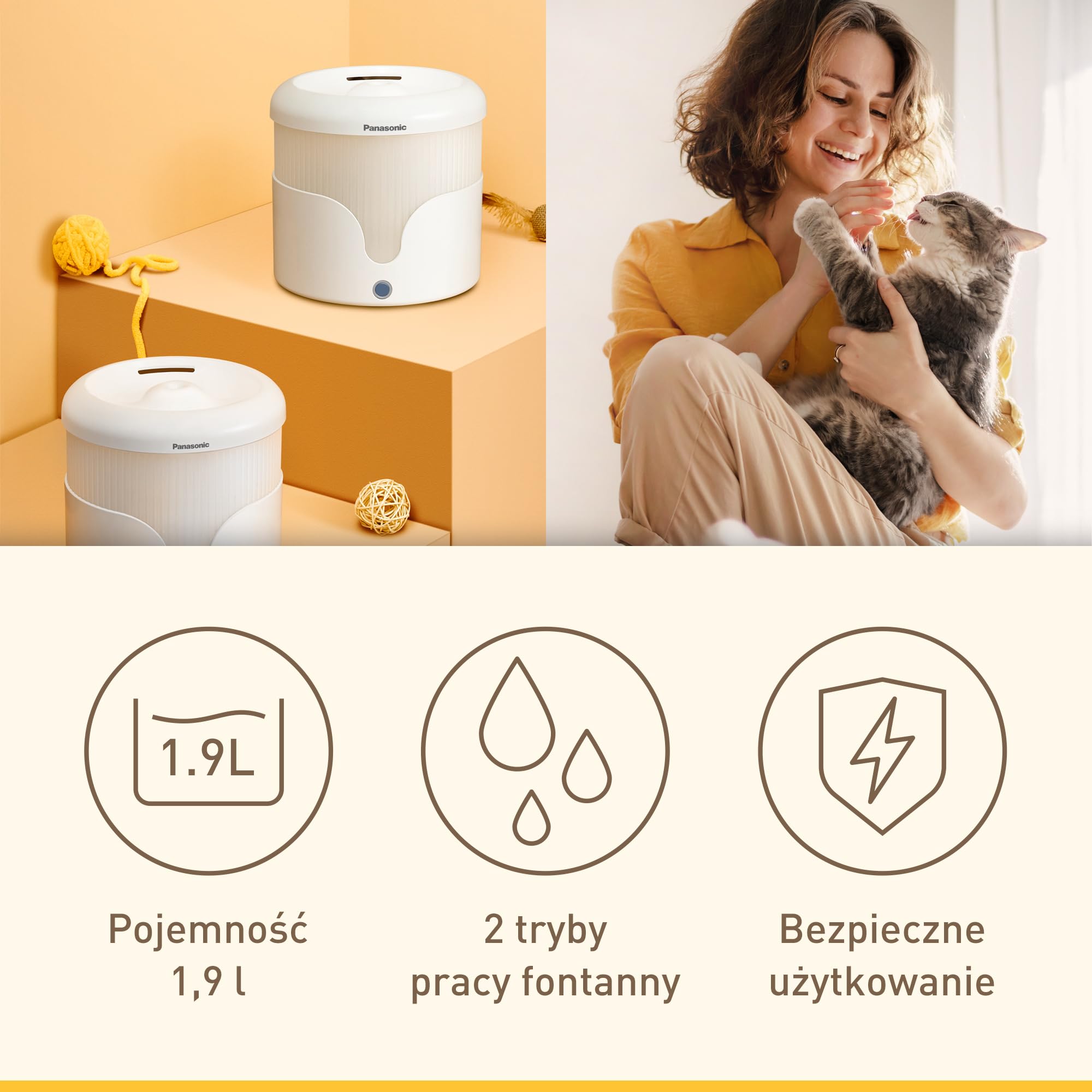 Panasonic CP-JNW01-W Poidło Dla Zwierząt, Fontanna Wodna Dla Kotów i Średniego Rozmiaru Psów, Pojemność 1.9L, 4-Warstwowa Filtracja, Bardzo Ciche, 2 Tryby Poidła, Białe