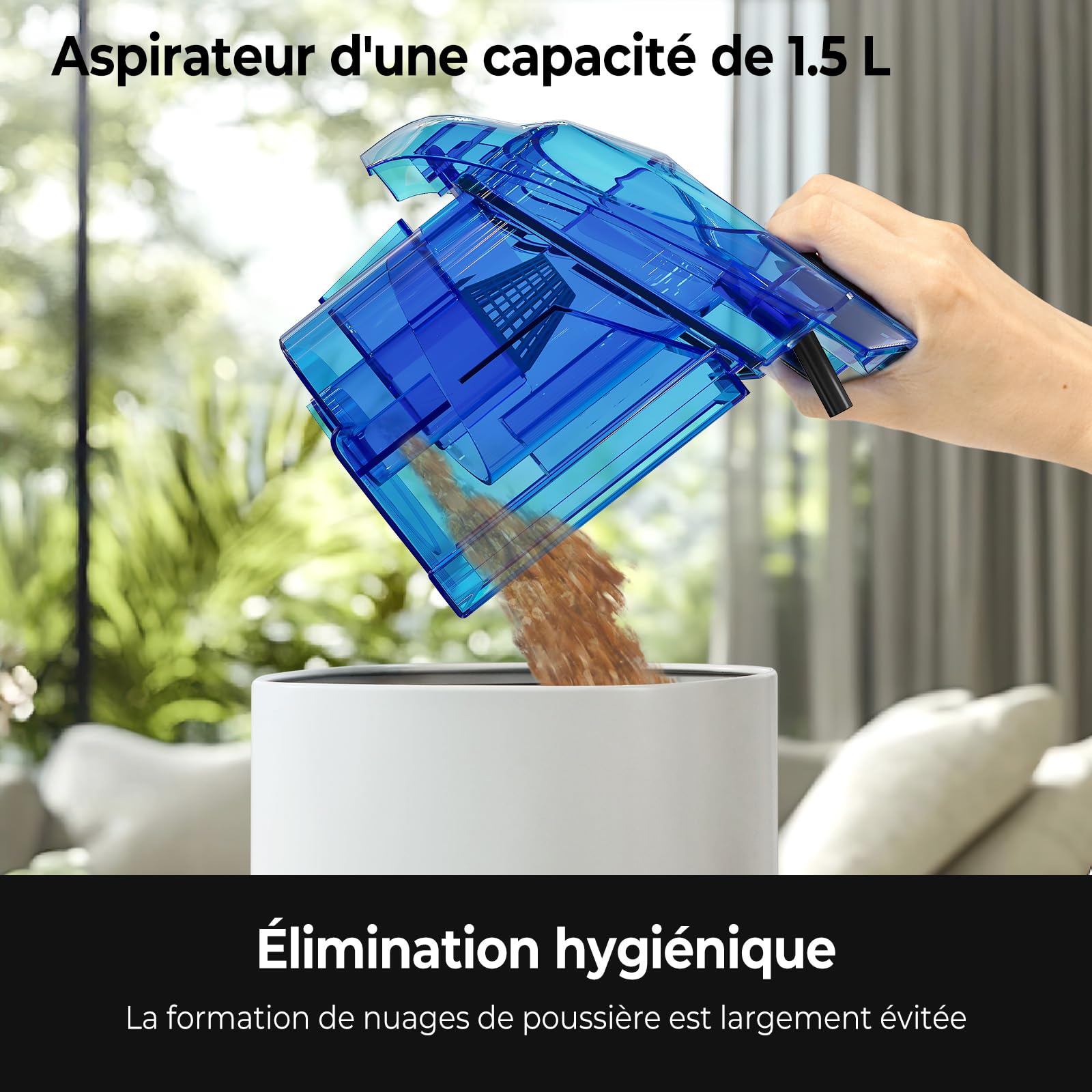 Aspirateur Traîneau Sans Sac Puissant 1200W, Aspiration 15000PA, Câble 5m, Buse Spéciale à Ions Négatifs Anti-Acariens, Silencieux et Compact pour Sols Durs, Tapis, Canapés et Poils d'Animaux (1,5L) - 5